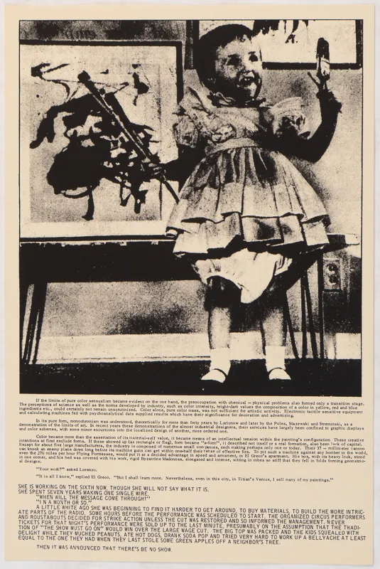 baby standing in front of a painting, holding paintbrushes in both hands. Below this image is text.