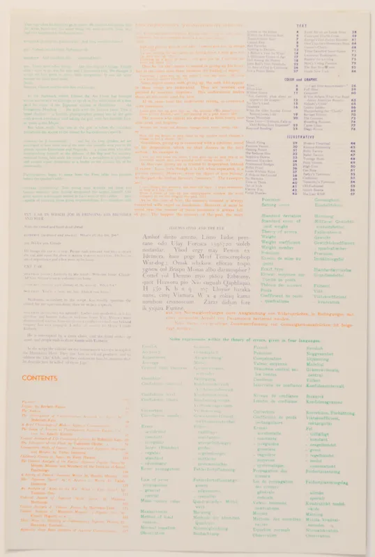Table of contents and credits. White page, with orange, teal and purple text.
