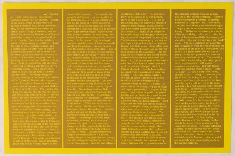 yellow sheet broken up into four sections with text