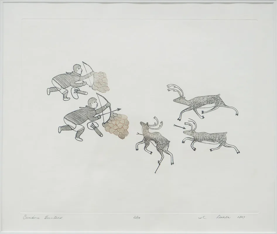 Two hunters with bow and arrows hiding behind blinds stalking three caribou, one of which has an arrow in its chest.. 